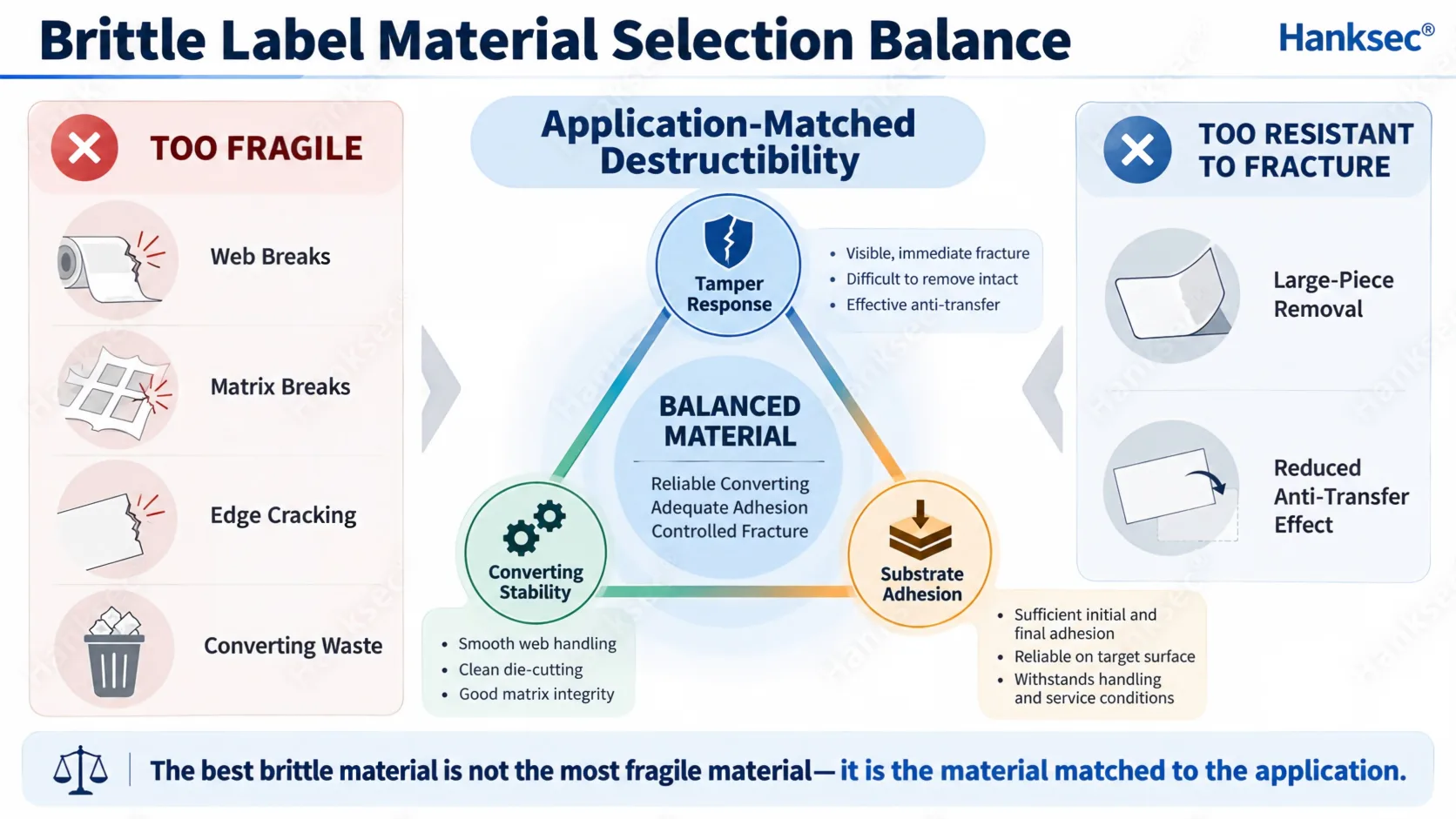 Brittle label material selection balancing tamper response converting stability and substrate adhesion