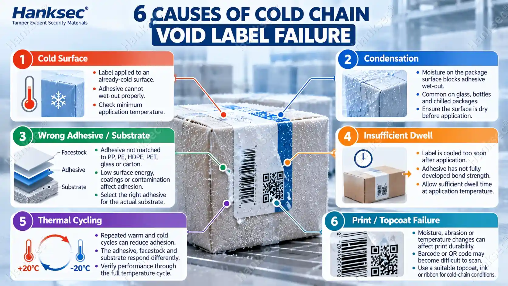 Six causes of cold chain VOID label failure including cold surfaces, condensation, adhesive mismatch, insufficient dwell, thermal cycling and print failure