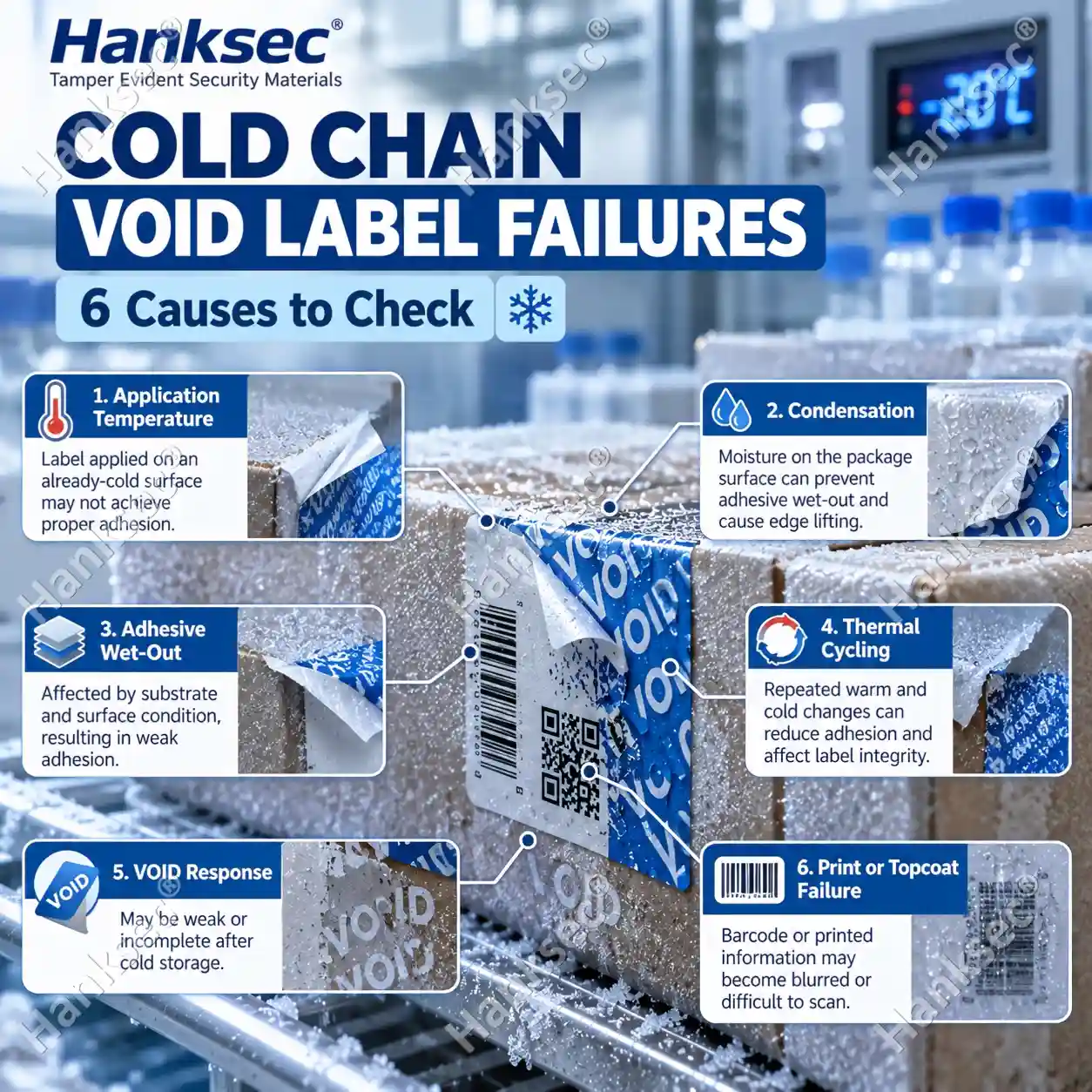 Cold chain VOID label failures caused by low application temperature, condensation, adhesive wet-out and thermal cycling