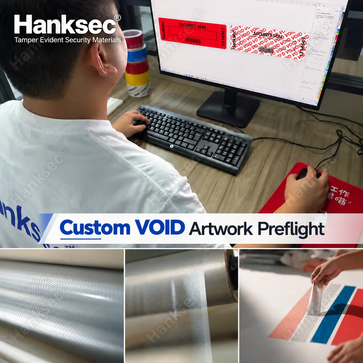 Custom VOID label artwork preparation for hidden security messages and production approval