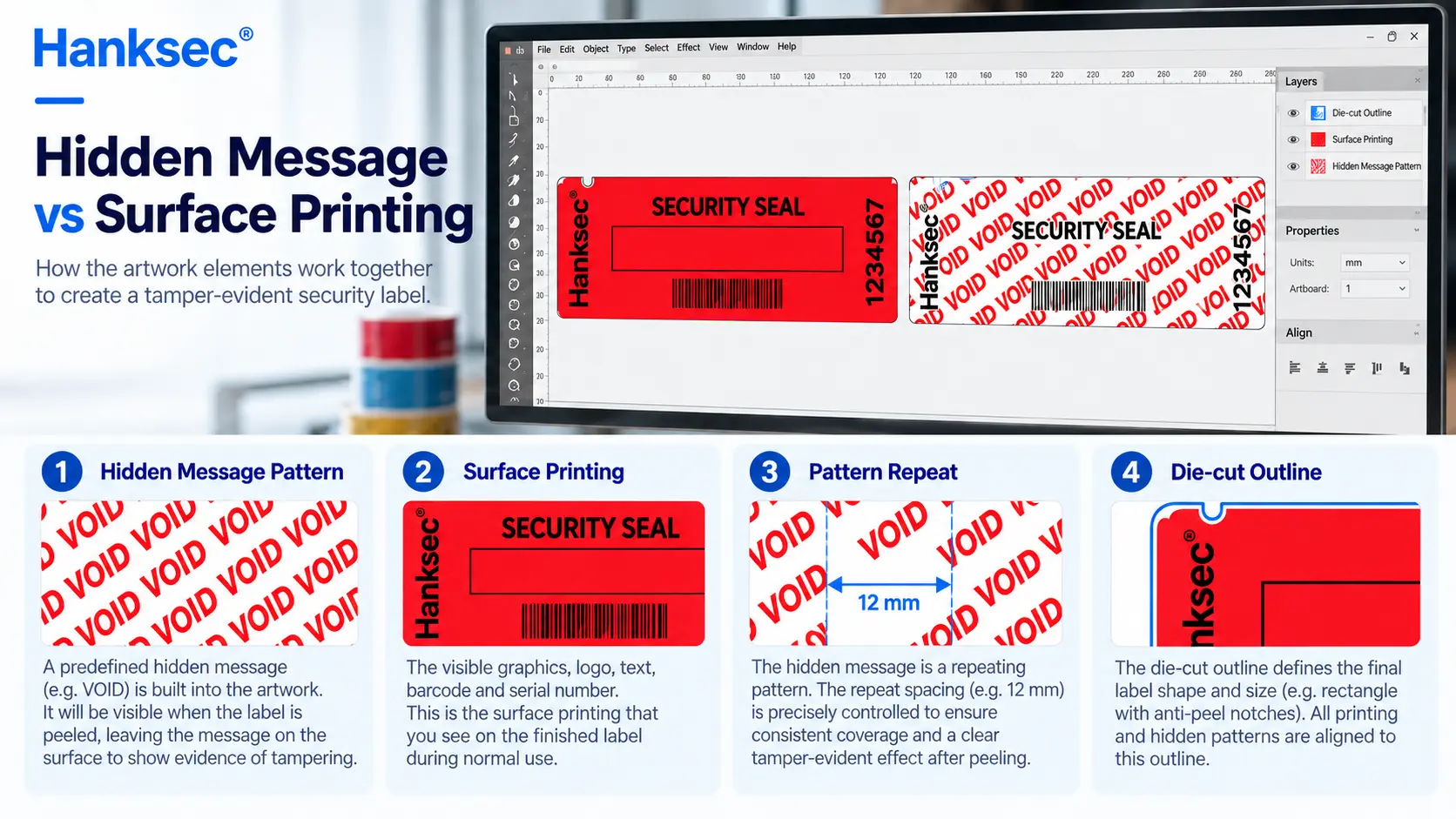Custom VOID label artwork showing hidden message pattern, surface printing, pattern repeat and die-cut outline