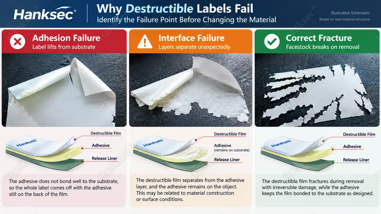 Destructible label failure diagnosis diagram showing adhesive failure, interface separation and correct facestock fracture