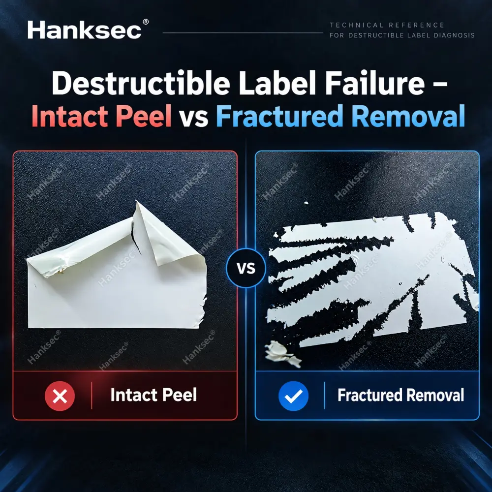 Destructible labels peel off intact versus fractured removal, comparing adhesion failure and normal tamper-evident breakage