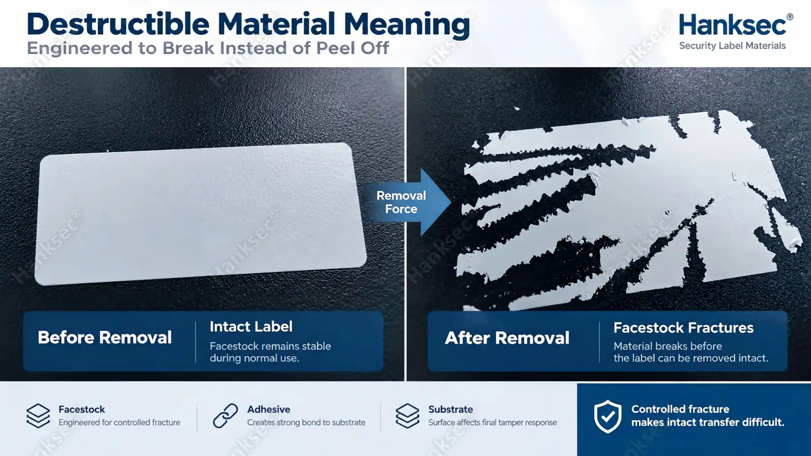 Destructible material meaning illustrated by intact and fractured security labels