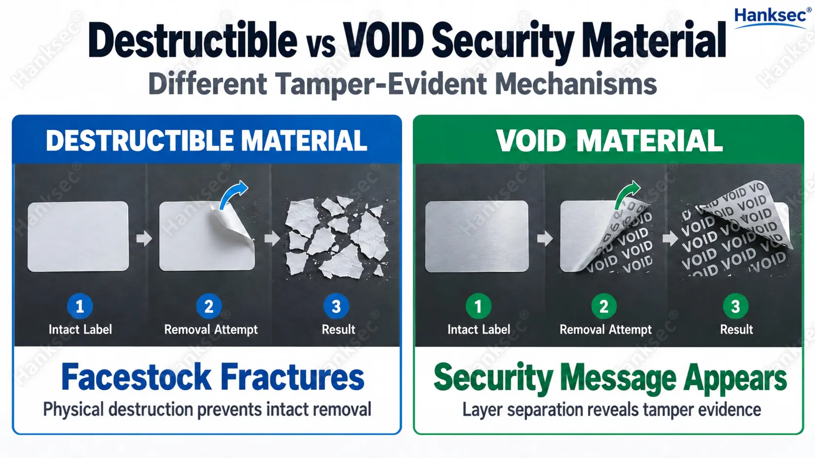 Destructible material vs VOID label material showing fracture and VOID tamper evidence