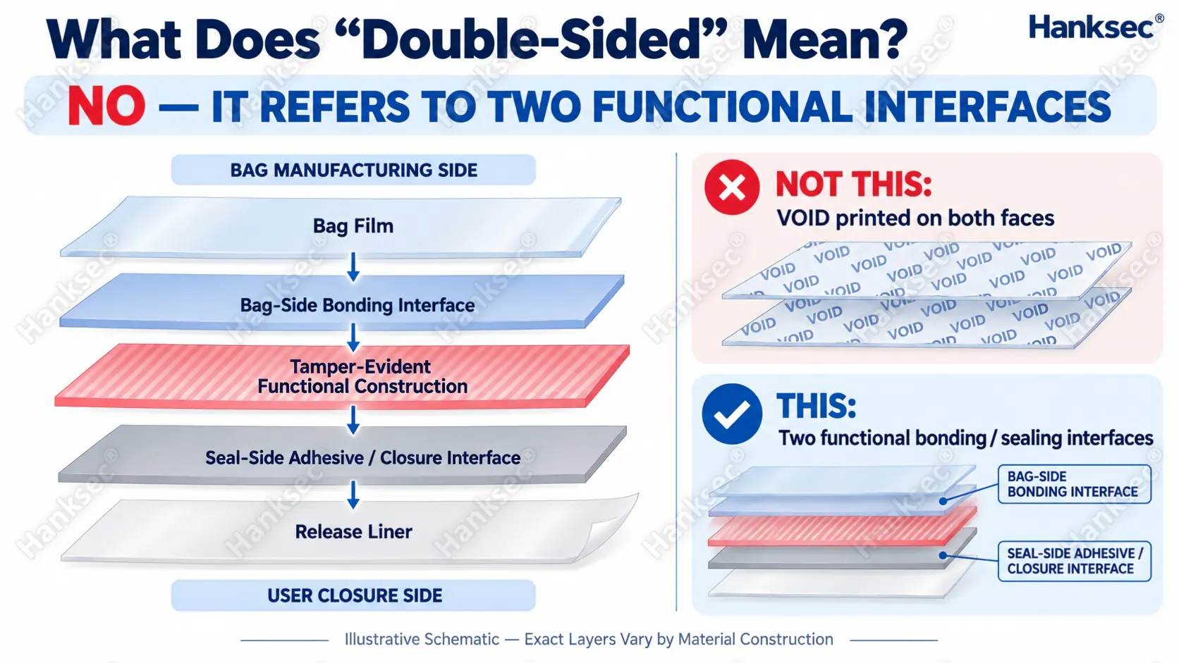 Double-sided VOID material structure showing bag-side bonding interface, tamper-evident construction, seal-side adhesive and release liner