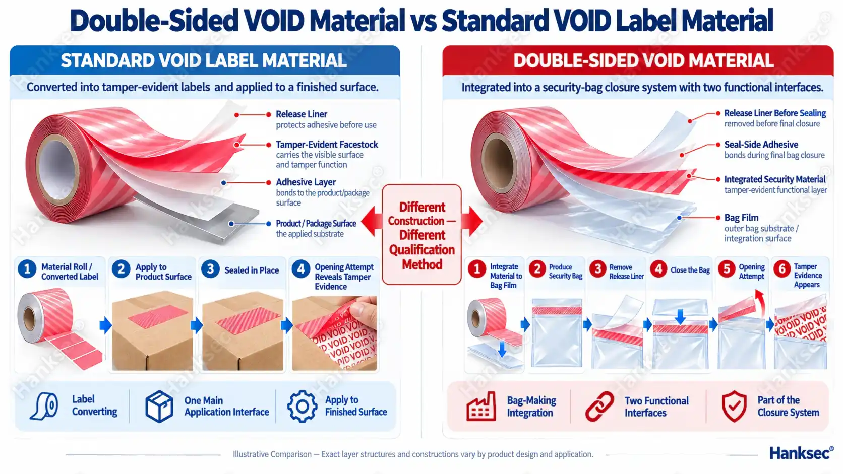 Comparison of double-sided VOID material and standard VOID label material showing differences in application interfaces and security bag integration