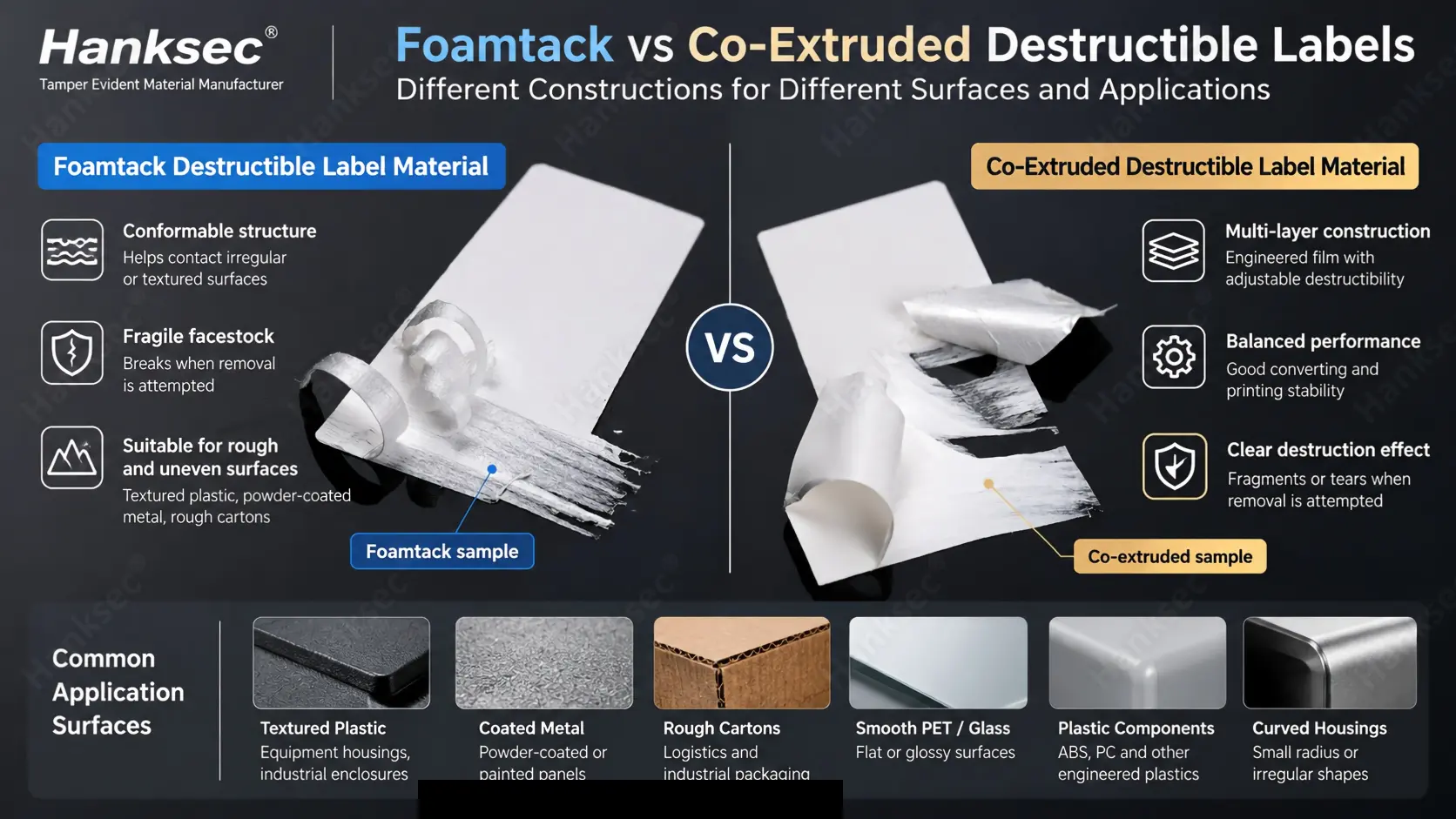 Foamtack vs Co-Extruded Destructible Labels comparison showing material samples, key properties and suitable application surfaces