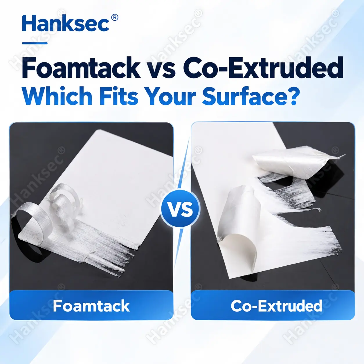 Foamtack vs Co-Extruded Destructible Labels comparison showing the different peeling and breakage effects of two Hanksec security label materials