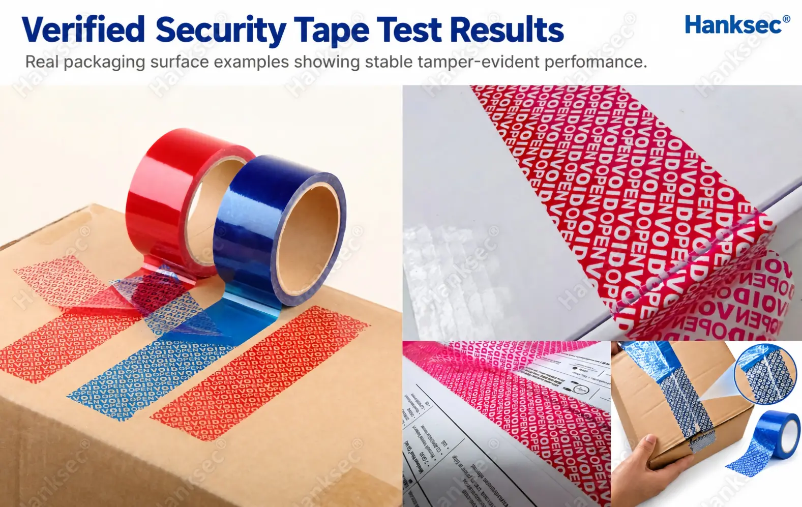Hanksec security tape peel test samples showing clear VOID and OPENED tamper-evident patterns on packaging surfaces