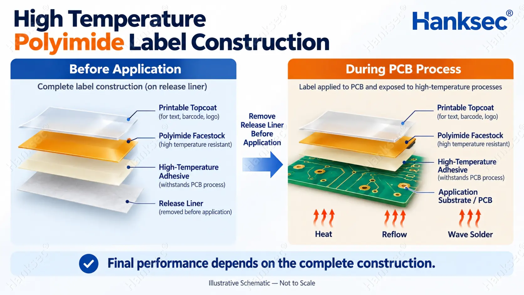 High temperature polyimide label construction showing printable topcoat polyimide facestock adhesive and PCB substrate