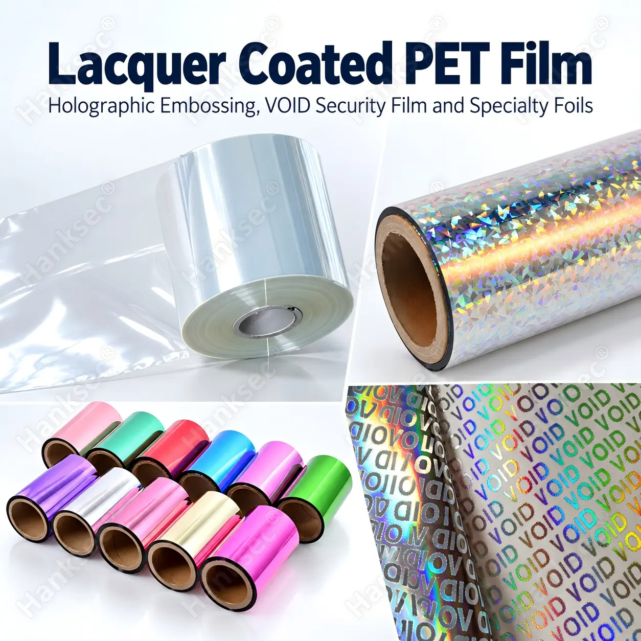 Lacquer coated PET film for holographic embossing used in VOID security film and metallic specialty foil material systems.