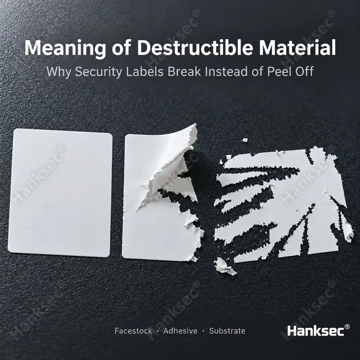 Meaning of destructible material showing a security label fracturing during removal