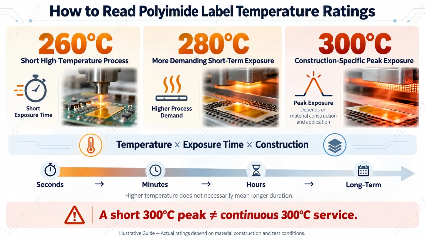 Polyimide label temperature ratings comparing 260°C 280°C and 300°C exposure conditions