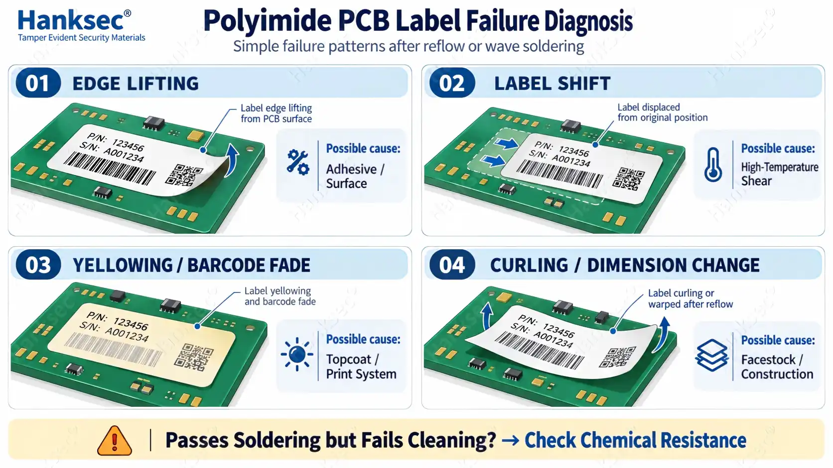 Polyimide PCB label failure diagnosis showing edge lifting, label shift, barcode fading and curling after soldering