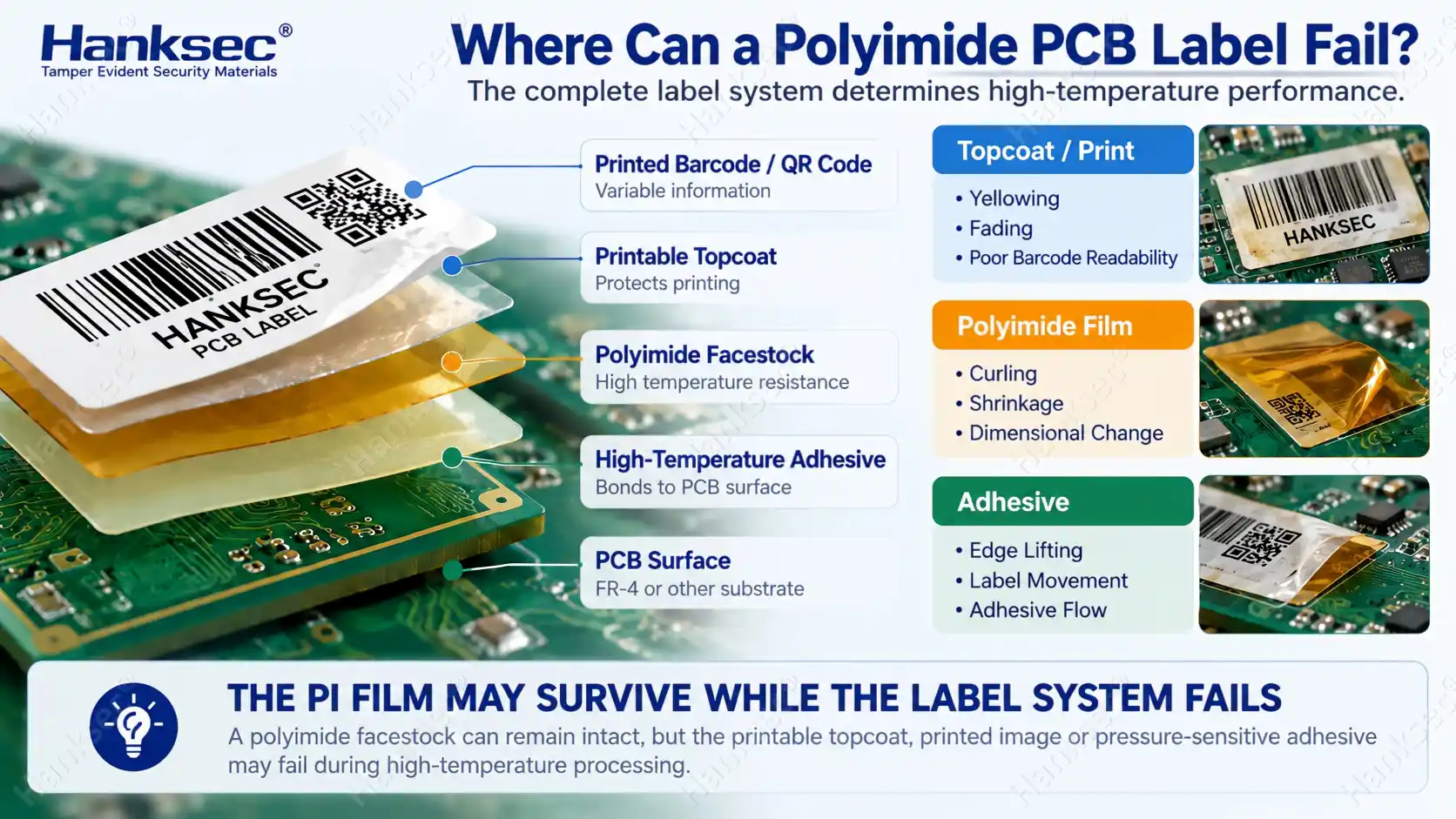 Polyimide PCB label structure showing topcoat, PI film and adhesive failure points after high-temperature exposure