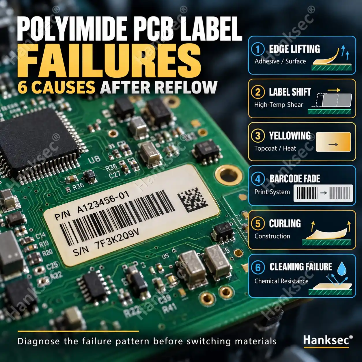 Polyimide PCB label failures after reflow including edge lifting, label shift, yellowing, barcode fade, curling and cleaning failure