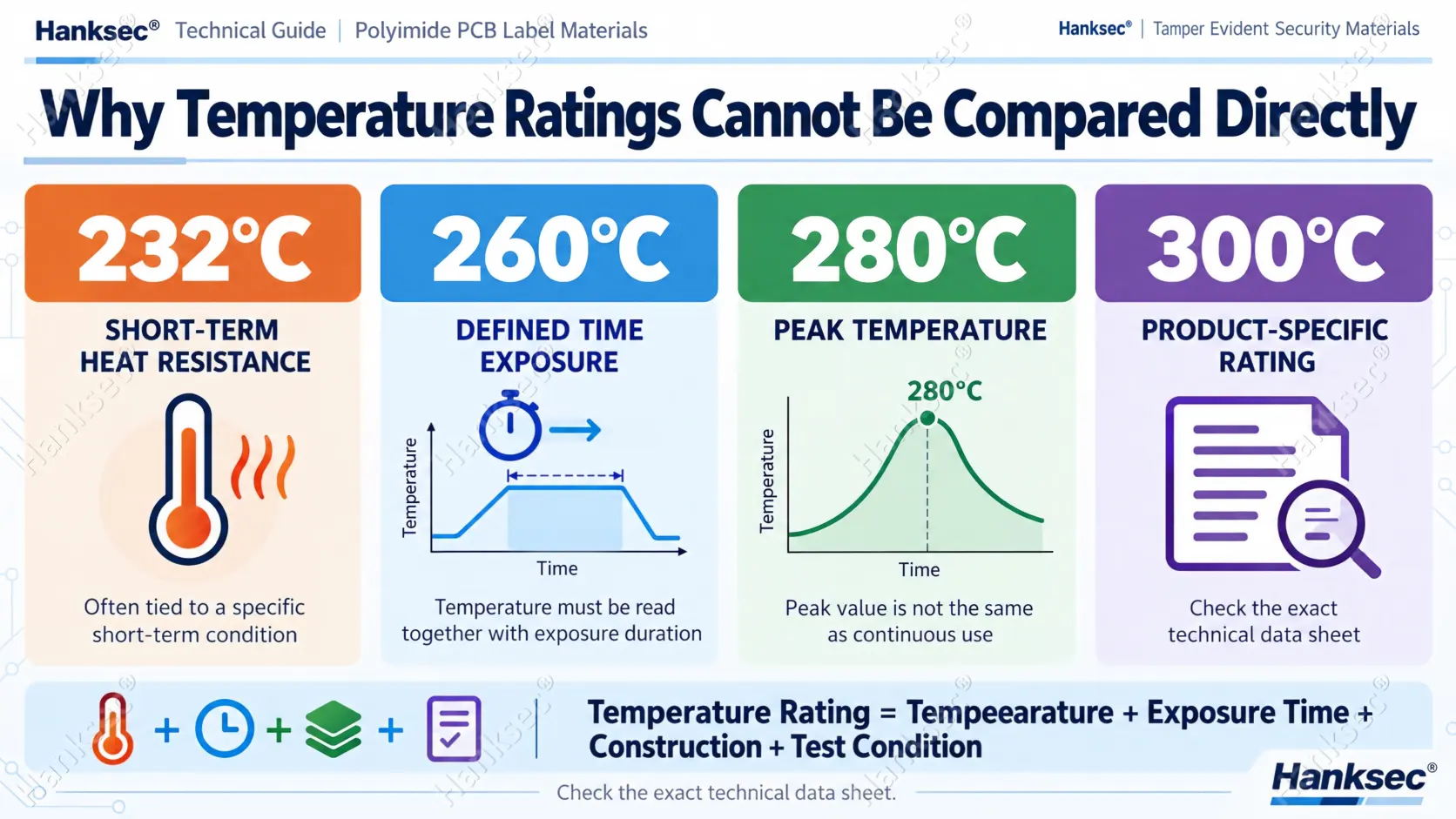 Comparison of 232°C, 260°C, 280°C and 300°C polyimide PCB label temperature rating conditions