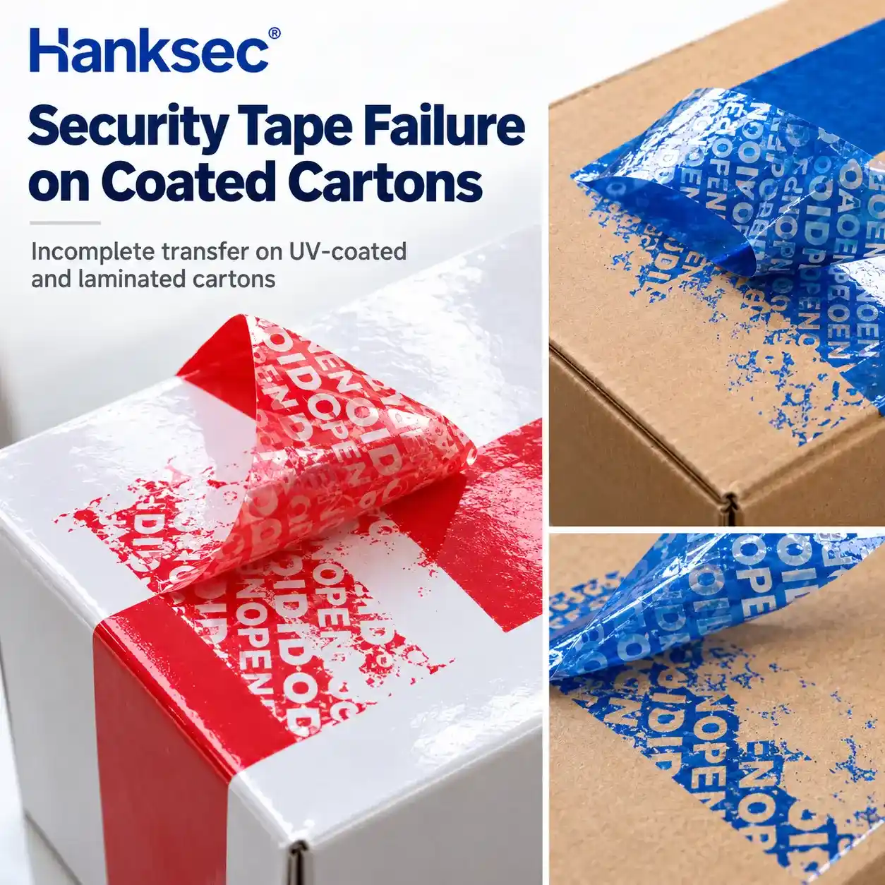 Why security tape fails on coated cartons – Hanksec illustration of VOID security tape and tamper-evident peel effects on packaging