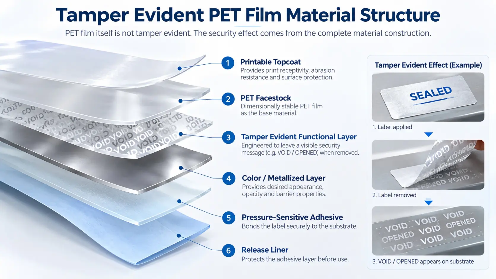 Tamper evident PET film material structure with printable topcoat, PET facestock, security layer, adhesive and release liner.