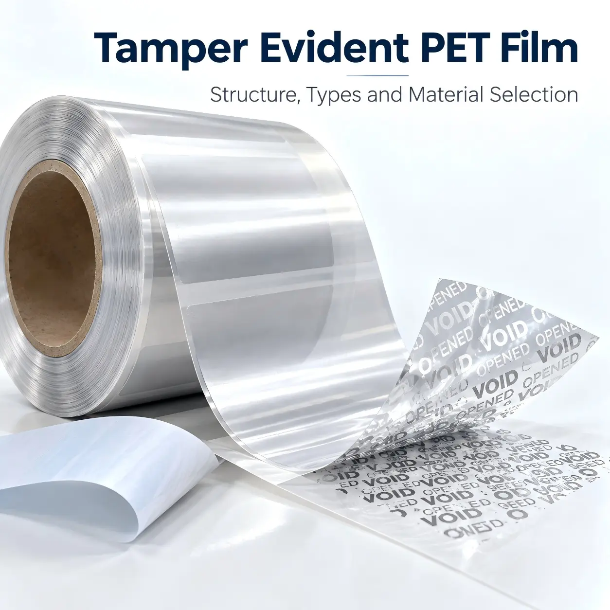 Tamper evident PET film for security label materials with VOID effect and converter-ready roll format.