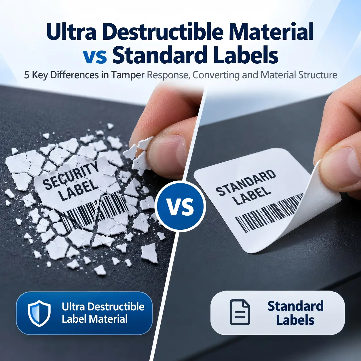 Ultra destructible label material vs standard labels showing fragmented tamper evidence and intact label removal.