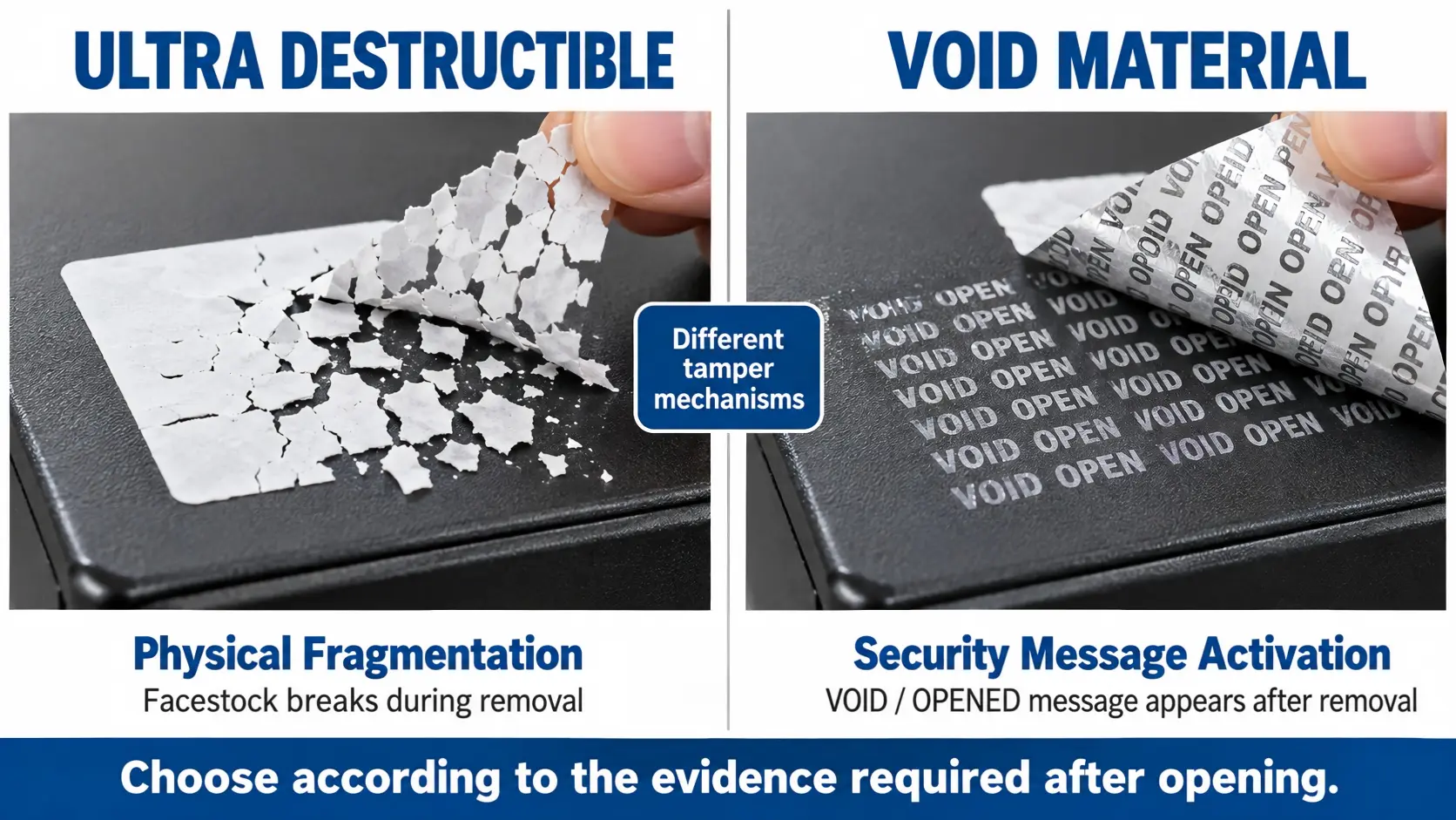 Ultra destructible vs VOID label material showing fragmentation and VOID message tamper evidence.