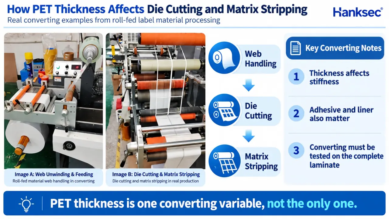 VOID PET film thickness in die cutting and matrix stripping for security label converting.