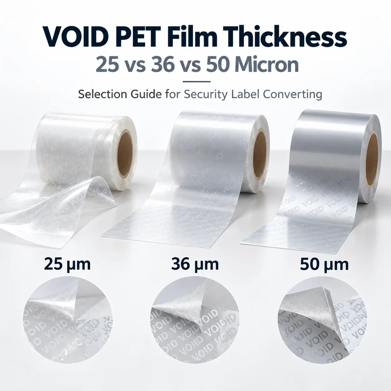 VOID PET film thickness comparison showing 25, 36 and 50 micron PET options for security label converting.