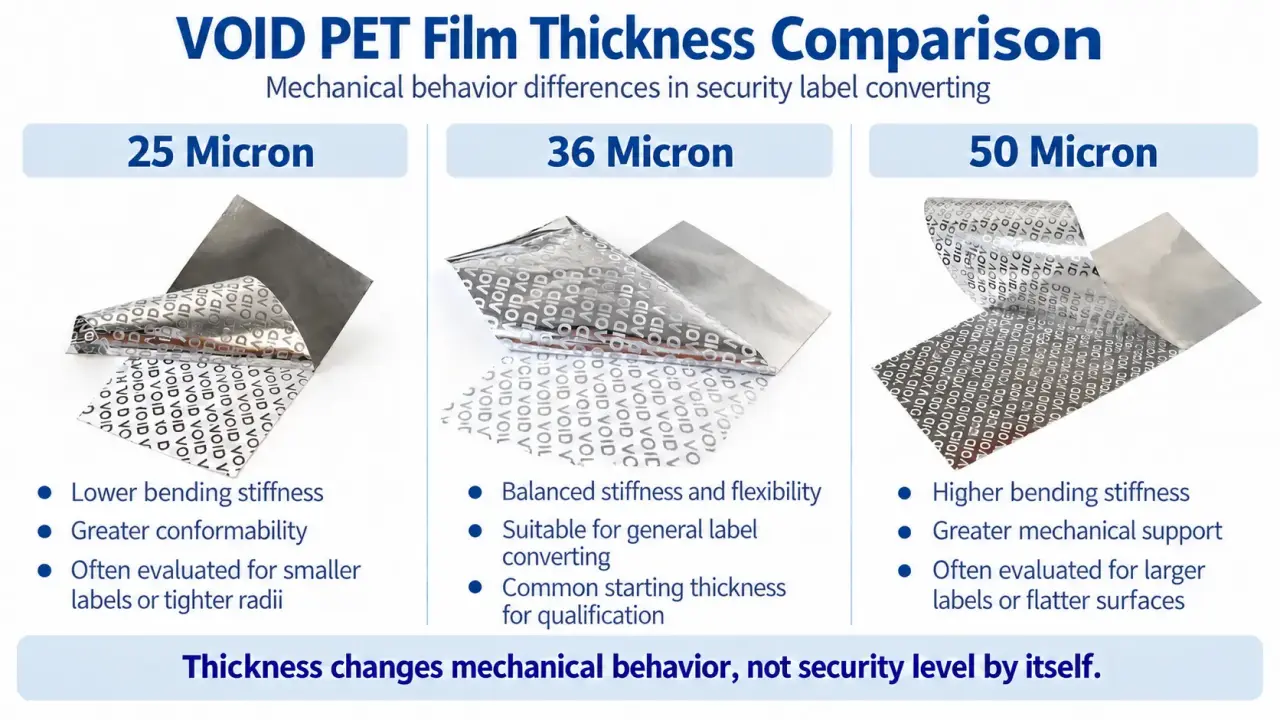VOID PET film thickness comparison between 25 micron 36 micron and 50 micron materials for security label converting.