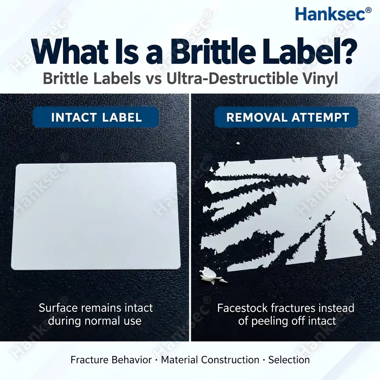 What is a brittle label showing a fragile security label fracturing during removal