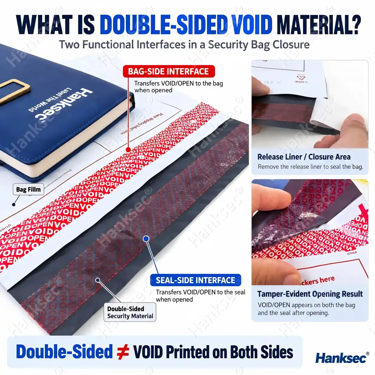 Double-sided VOID material showing two functional interfaces in a security bag closure