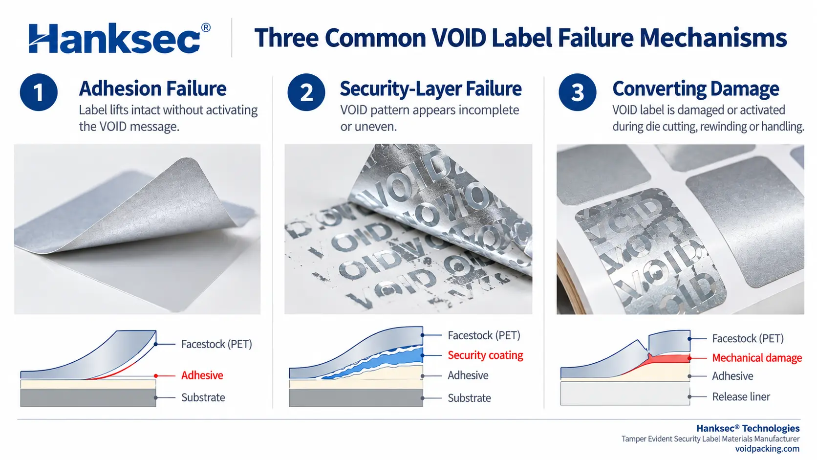 Why VOID labels fail: diagram of adhesion failure, security-layer separation and converting damage